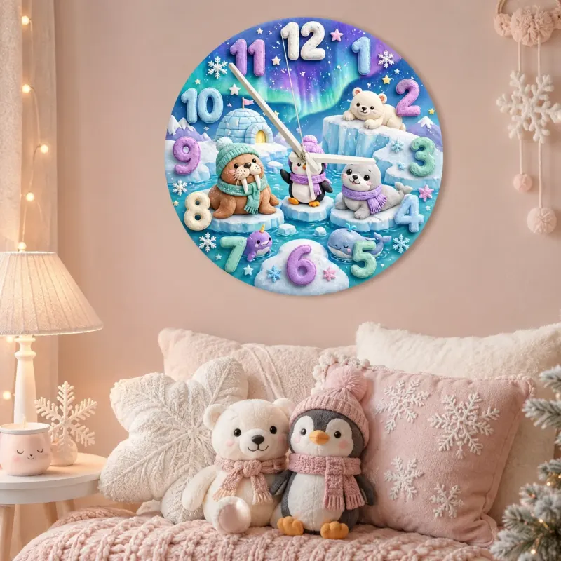 Cute Arctic Animals Kids Room Wall Clock | Northern Lights Nursery Decor, Polar Bear & Penguin Baby Shower Gift Idea (13.6 inch / 34.5 cm)