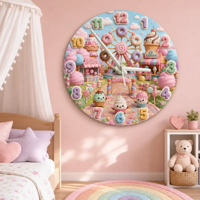 Pastel Candyland Theme Kids Room Wall Clock | Kawaii Sweet Treats Nursery Wall Decor, Cute Little Girl Bedroom Gift (13.6 inch / 34.5 cm)