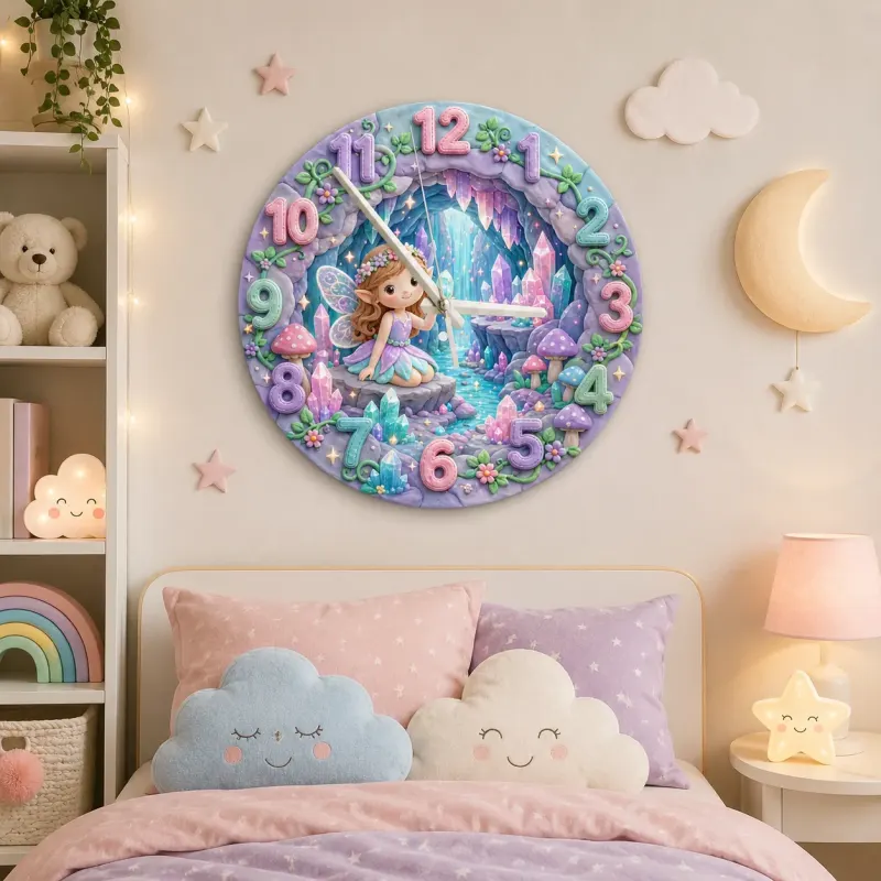 Magical Fairy and Crystal Cave Kids Room Wall Clock | Enchanted Pastel Nursery Decor, Whimsical Girls Room Gift Art (13.6 inch / 34.5 cm)