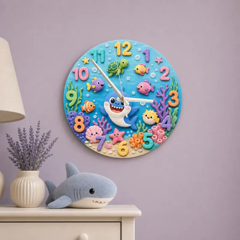 Ocean Shark Sea Creatures Kids Room Wall Clock | Underwater Nursery Decor, Baby Boy And Girl Birthday Gift Keepsake (13.6 inch / 34.5 cm)