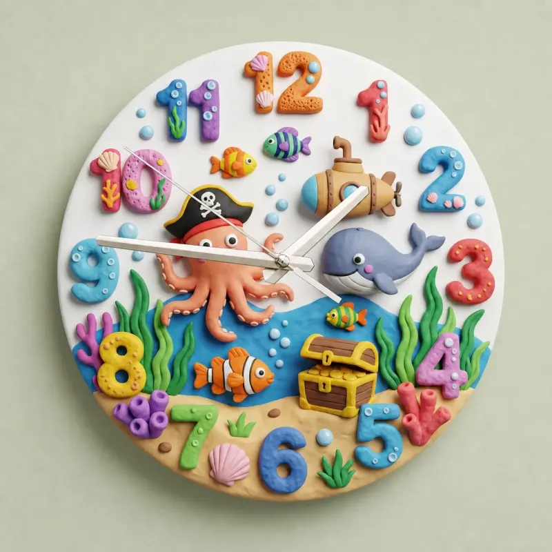 Pirate Octopus Under The Sea Kids Room Wall Clock | Ocean Theme Nursery Decor, Baby Boy Bedroom Birthday Keepsake (13.6 inch / 34.5 cm)