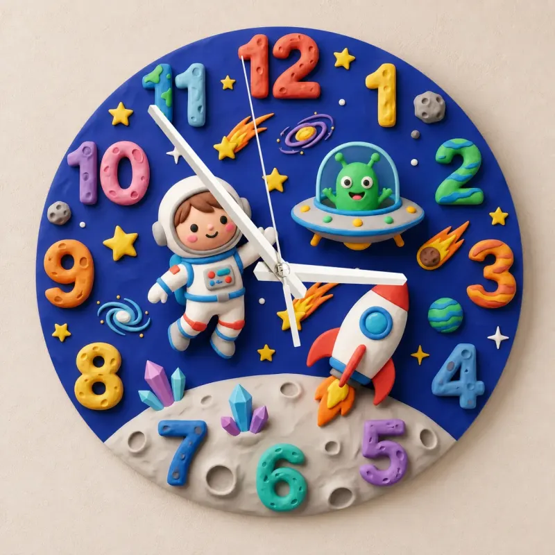 Outer Space Astronaut Kids Room Wall Clock | Alien Rocket Nursery Decor, Baby Boy Bedroom Birthday Gift Idea Keepsake (13.6 inch / 34.5 cm)