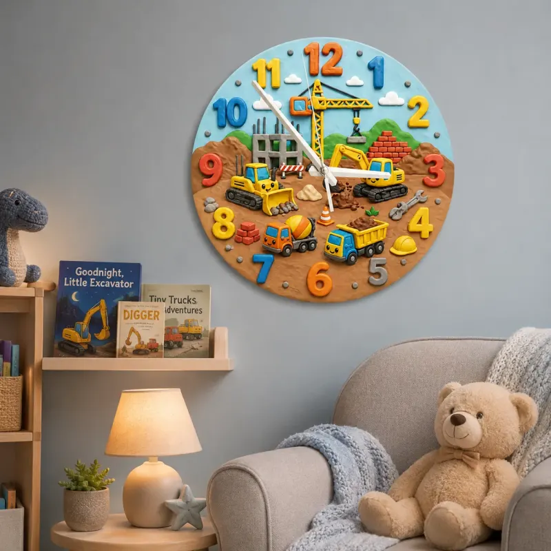 Construction Vehicles Kids Room Wall Clock | Little Boys Bedroom Decor, Playroom Nursery Art & Baby Shower Gift Idea (13.6 inch / 34.5 cm)