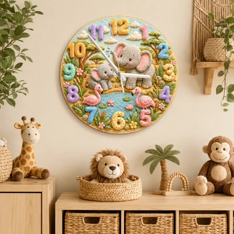 Safari Elephant & Flamingo Kids Room Wall Clock | Pastel Jungle Animal Nursery Decor, Beautiful Baby Shower Keepsake (13.6 inch / 34.5 cm)