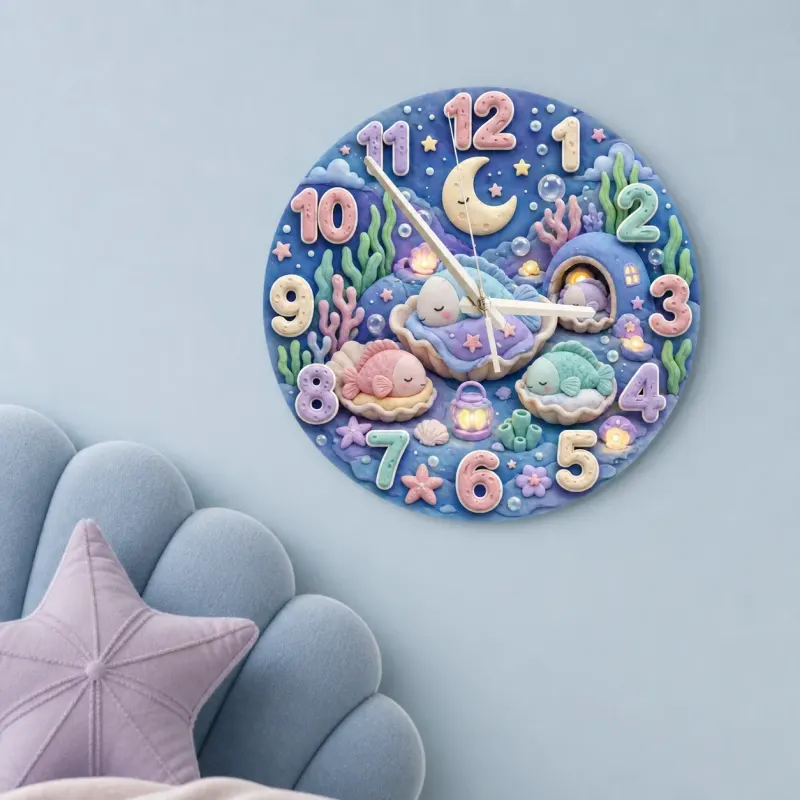 Sleeping Pastel Fish Kids Room Wall Clock | Dreamy Underwater Nursery Decor, Baby Girl Shower Gift & Room Makeover (13.6 inch / 34.5 cm)