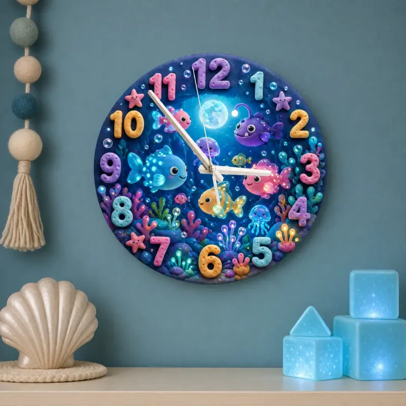 Magical Under The Sea Kids Room Wall Clock | Ocean Fish Nursery Decor, Baby Boy Girl Bedroom Birthday Keepsake Gift (13.6 inch / 34.5 cm)