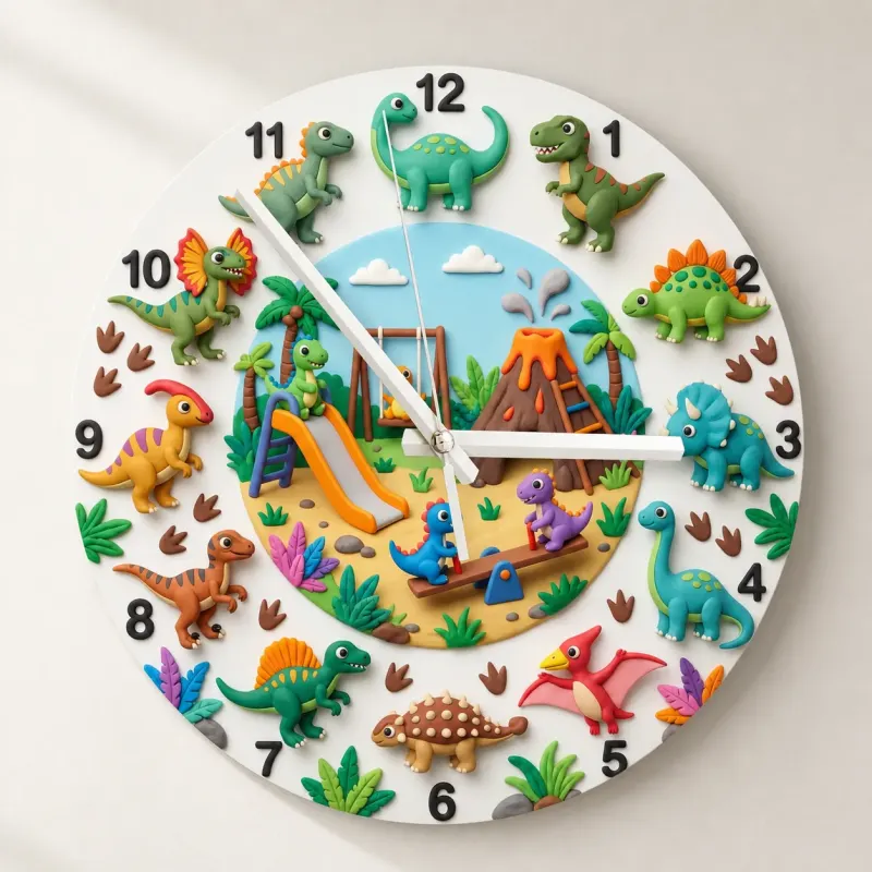 Dinosaur Playground Kids Room Wall Clock | Cute T-Rex Nursery Decor, Playroom Wall Art, Little Boy Birthday Gift Idea (13.6 inch / 34.5 cm)