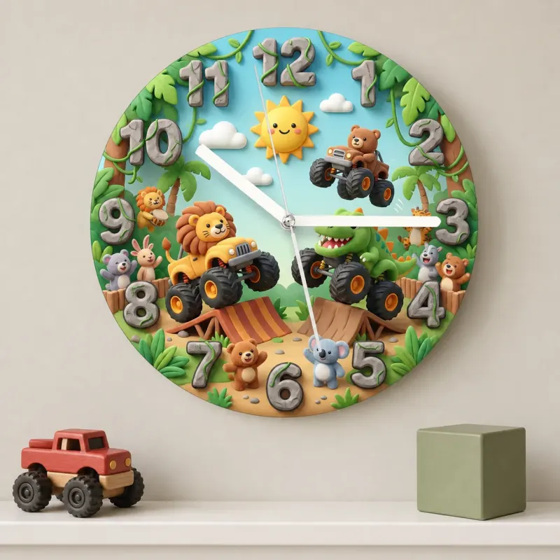 Safari Animal Monster Truck Kids Room Wall Clock | Dinosaur Boy Nursery Decor, Fun Toddler Playroom Birthday Gift Idea (13.6 inch / 34.5 cm)