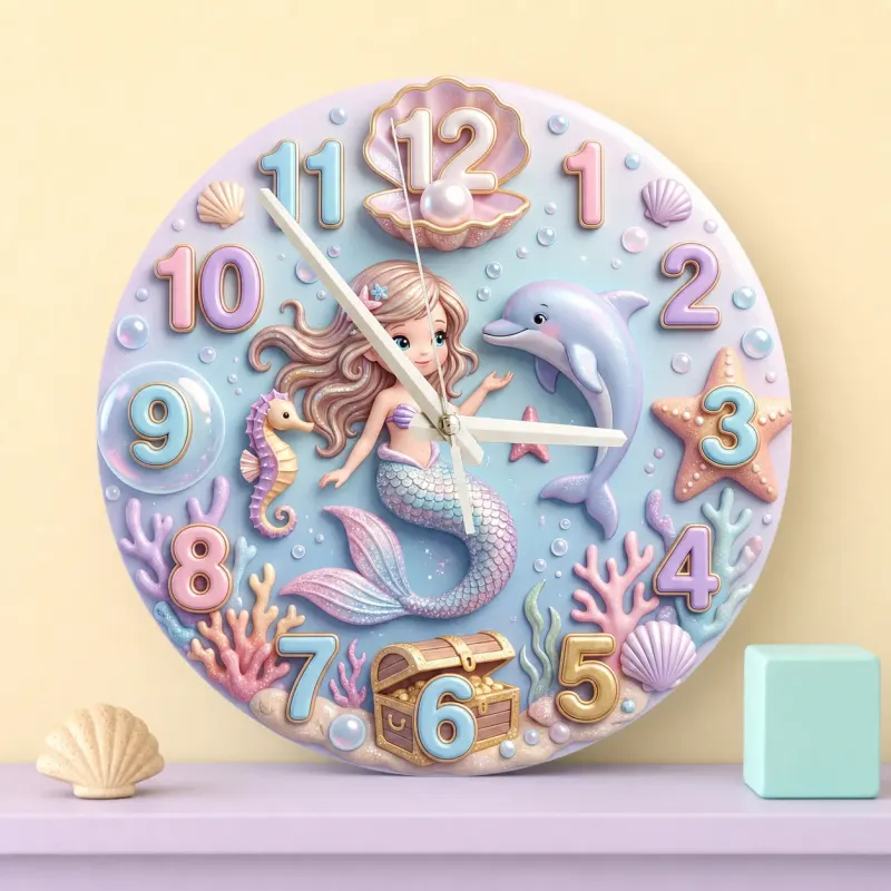 Pastel Mermaid And Dolphin Kids Room Wall Clock | Magical Ocean Nursery Decor Art, Little Girl Bedroom Birthday Gift (13.6 inch / 34.5 cm)