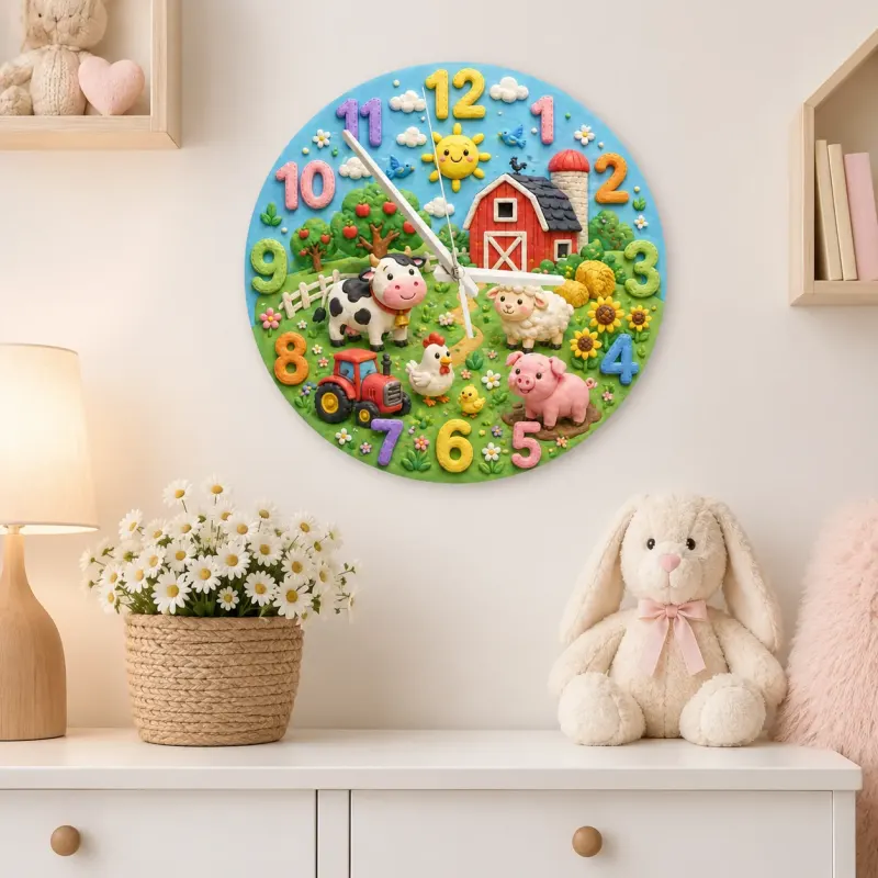 Farm Animals Barnyard Kids Room Wall Clock | Red Tractor Nursery Decor, Baby Boy Shower Gift & Playroom Keepsake Art (13.6 inch / 34.5 cm)
