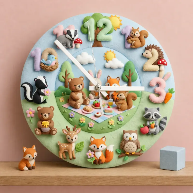 Woodland Animal Picnic Kids Room Wall Clock | Faux Felt Forest Nursery Decor, Baby Shower Gift For Baby Boys & Girls (13.6 inch / 34.5 cm)
