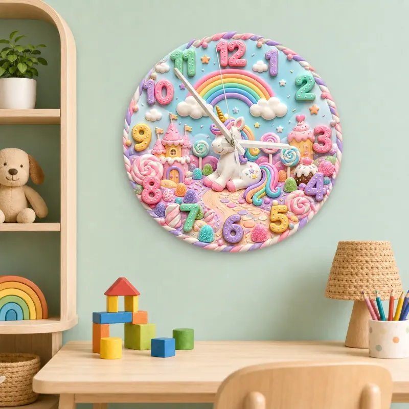 Unicorn Rainbow Candyland Kids Room Wall Clock | Magical Nursery Decor, Baby Girl Birthday Gift Art (13.6 inch / 34.5 cm)
