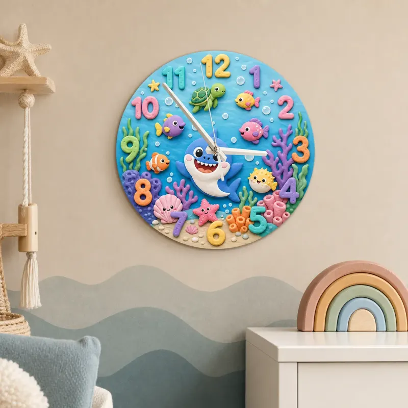 Ocean Shark Sea Creatures Kids Room Wall Clock | Underwater Nursery Decor, Baby Boy And Girl Birthday Gift Keepsake (13.6 inch / 34.5 cm)