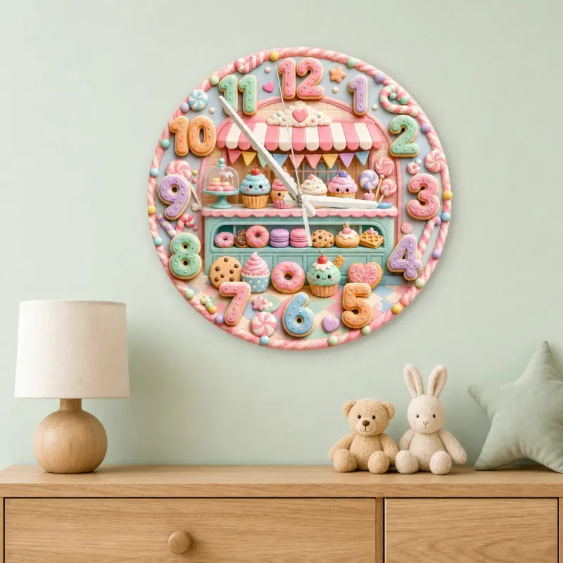 Pastel Bakery Dessert Kids Room Wall Clock | Sweet Shop Nursery Decor, Cute Birthday Gift For Girls (13.6 inch / 34.5 cm)