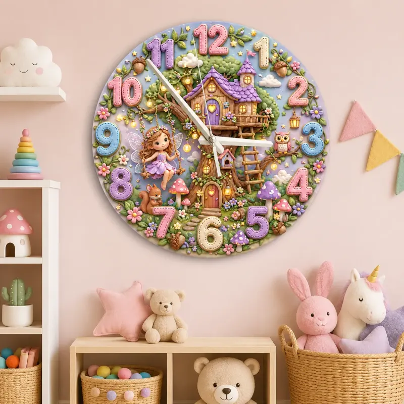 Enchanted Fairy Treehouse Kids Room Wall Clock | Magical Woodland Nursery Decor, Little Girl Birthday Keepsake Gift (13.6 inch / 34.5 cm)