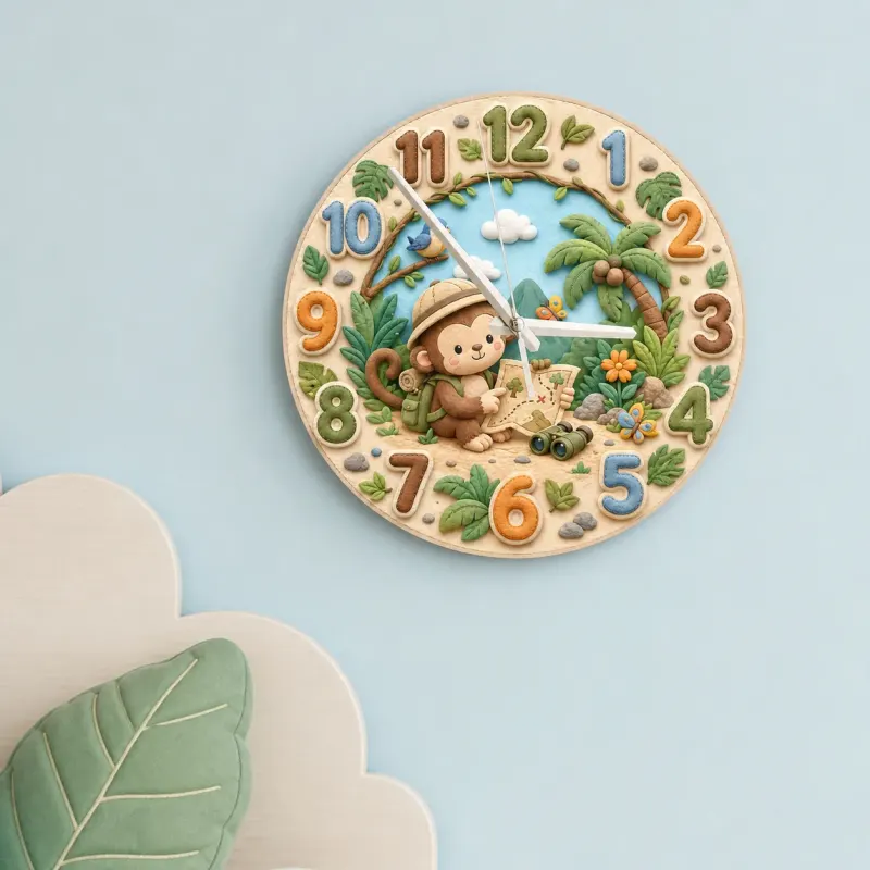 Safari Monkey Explorer Kids Room Wall Clock | Jungle Adventure Nursery Decor, Baby Shower Gift, Little Boy Keepsake (13.6 inch / 34.5 cm)