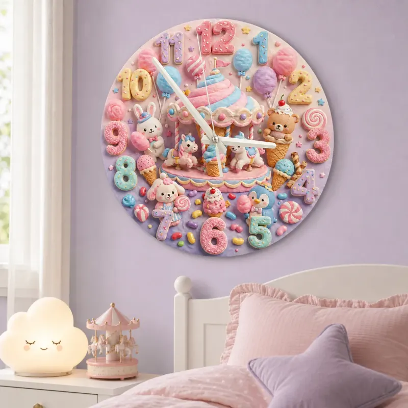 Pastel Candy Carousel Kids Room Wall Clock | Cute Animal Nursery Decor, Sweet Baby Girl Bedroom Birthday Gift Idea (13.6 inch / 34.5 cm)
