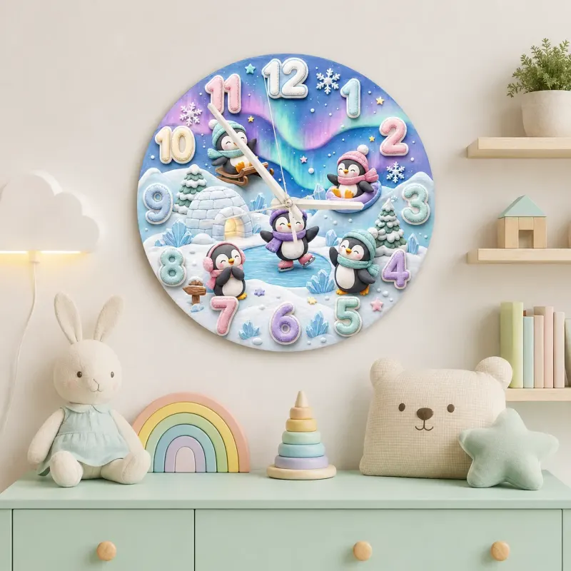 Whimsical Winter Wonderland Penguin Kids Room Wall Clock | Aurora Sky Nursery Decor, Beautiful Baby Shower Keepsake (13.6 inch / 34.5 cm)