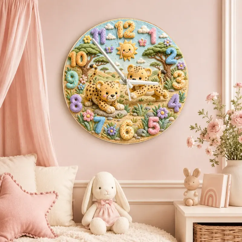 Playful Safari Cheetahs Kids Room Wall Clock | Jungle Animal Nursery Decor, Birthday Keepsake Gift For Boys & Girls (13.6 inch / 34.5 cm)