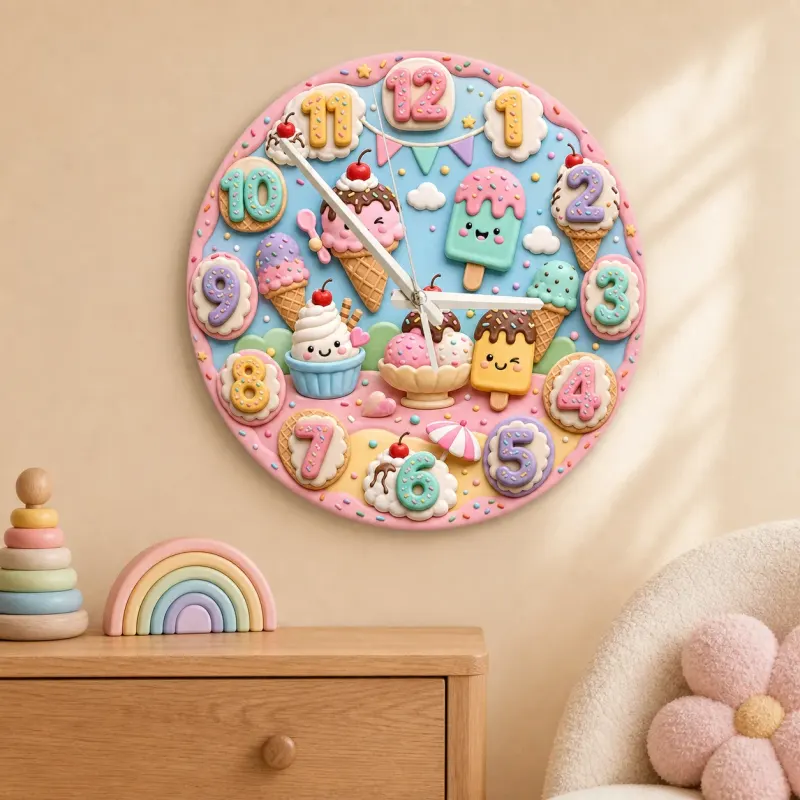 Ice Cream Sweet Treats Kids Room Wall Clock | Pastel Dessert Nursery Decor, Little Girl Birthday Gift (13.6 inch / 34.5 cm)