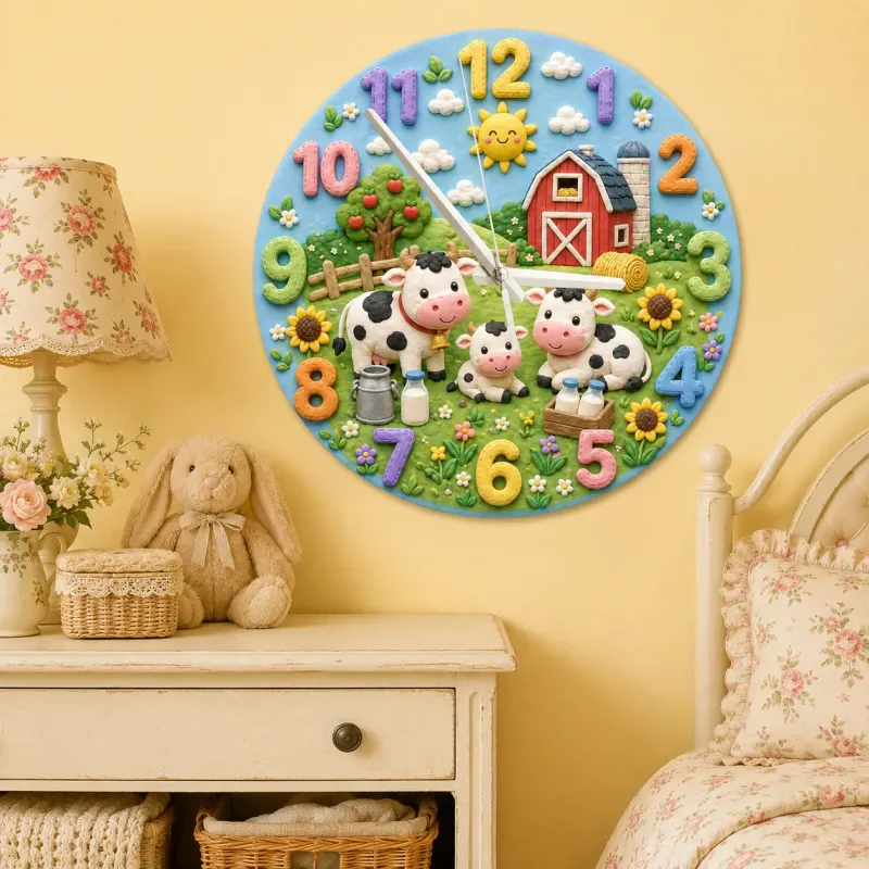 Farm Animal Cow Family Kids Room Wall Clock | Rustic Red Barn Nursery Decor, Baby Shower Gift For Boys And Girls Room (13.6 inch / 34.5 cm)