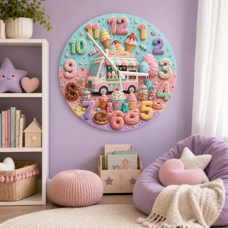 Pastel Ice Cream Truck Kids Room Wall Clock | Sweet Candyland Nursery Wall Decor, Cute Baby Girl Bedroom Birthday Gift (13.6 inch / 34.5 cm)