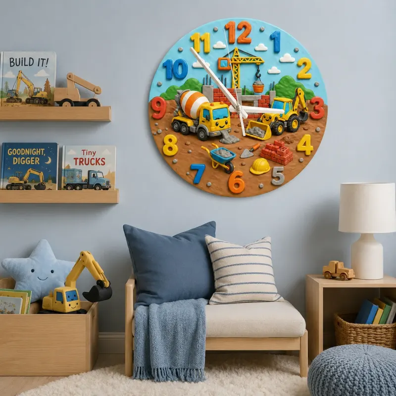 Construction Trucks Kids Room Wall Clock | Digger And Excavator Nursery Decor, Toddler Boy Playroom Birthday Present (13.6 inch / 34.5 cm)