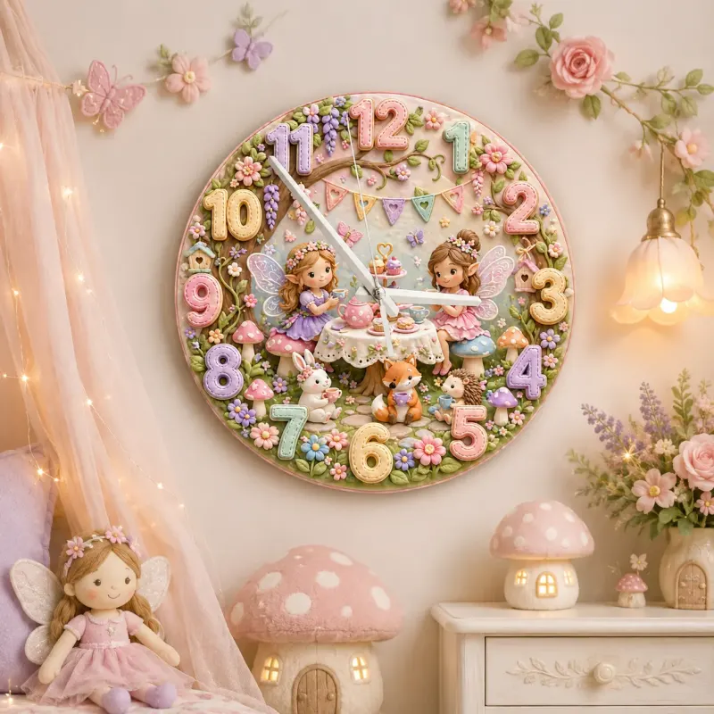 Fairy Tea Party Kids Room Wall Clock | Magical Woodland Nursery Decor, Whimsical Little Girl Bedroom Birthday Gift (13.6 inch / 34.5 cm)