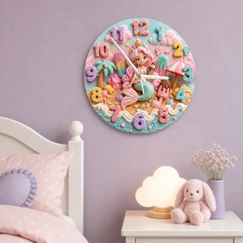 Pastel Mermaid & Sweet Treats Kids Room Wall Clock | Kawaii Candy Beach Nursery Decor, Cute Little Girls Bedroom Gift (13.6 inch / 34.5 cm)