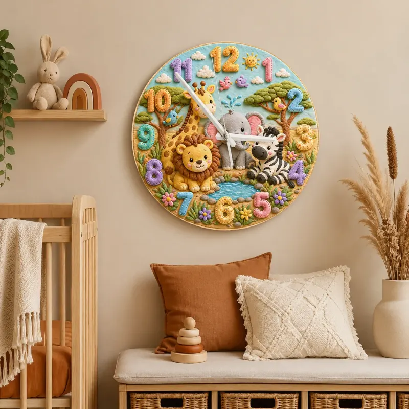 Safari Jungle Animals Kids Room Wall Clock | Cute Lion Elephant Nursery Decor, Unique Baby Shower Gifts for Newborns (13.6 inch / 34.5 cm)