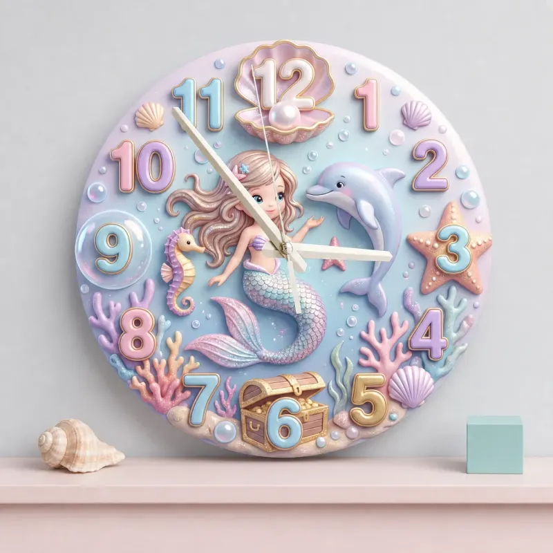 Pastel Mermaid And Dolphin Kids Room Wall Clock | Magical Ocean Nursery Decor Art, Little Girl Bedroom Birthday Gift (13.6 inch / 34.5 cm)