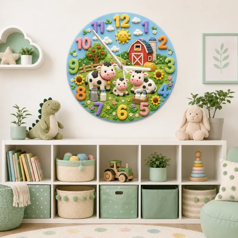 Farm Animal Cow Family Kids Room Wall Clock | Rustic Red Barn Nursery Decor, Baby Shower Gift For Boys And Girls Room (13.6 inch / 34.5 cm)
