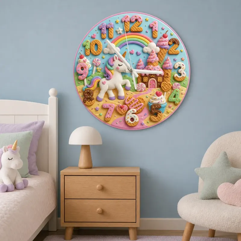 Unicorn Candy Castle Kids Room Wall Clock | Rainbow Nursery Decor, Magical Little Girl Birthday Gift (13.6 inch / 34.5 cm)