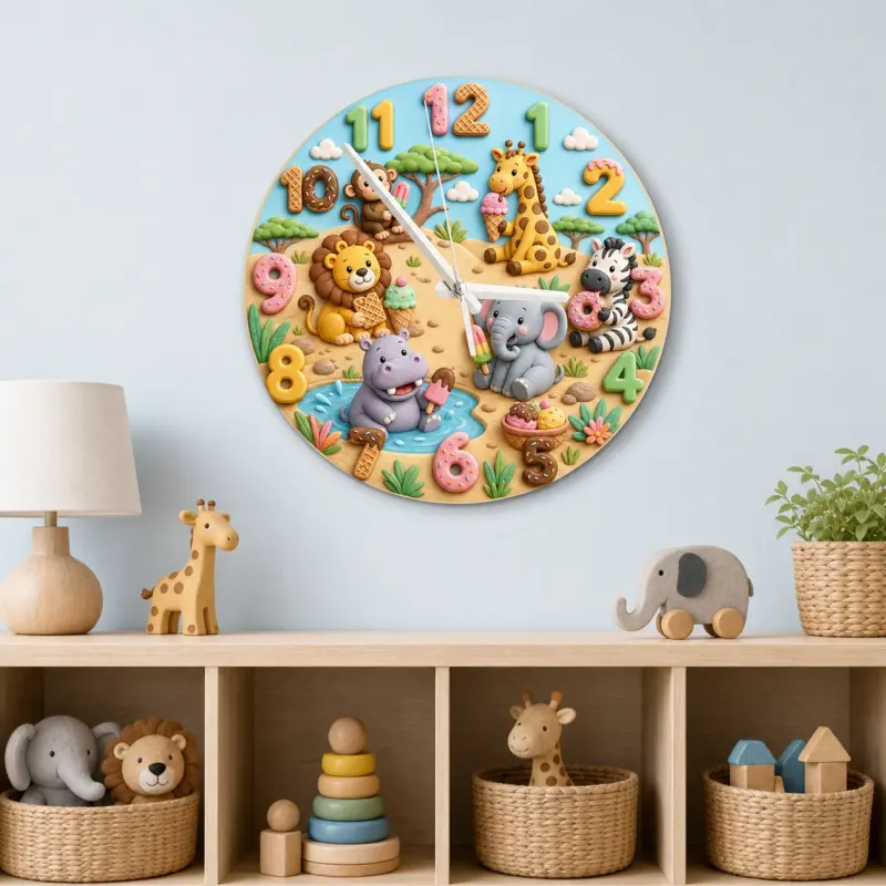 Safari Animals Ice Cream Kids Room Wall Clock | Jungle Nursery Decor, Baby Boy Girl Birthday Gift (13.6 inch / 34.5 cm)