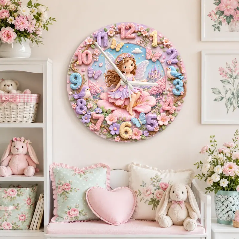 Magical Fairy Princess Kids Room Wall Clock | Enchanted Castle Floral Nursery Decor, Sweet Baby Girl Room Keepsake (13.6 inch / 34.5 cm)