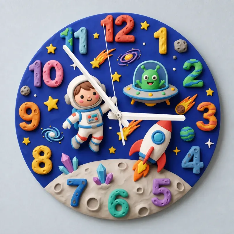 Outer Space Astronaut Kids Room Wall Clock | Alien Rocket Nursery Decor, Baby Boy Bedroom Birthday Gift Idea Keepsake (13.6 inch / 34.5 cm)