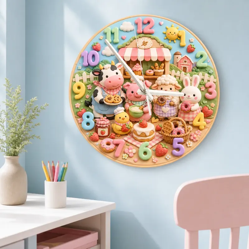 Farm Animals Bakery Kids Room Wall Clock | Barnyard Nursery Decor, Baby Boy Girl Birthday Gift (13.6 inch / 34.5 cm)