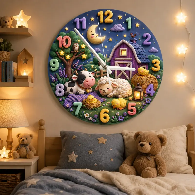 Sleeping Farm Animals Kids Room Wall Clock | Nighttime Nursery Decor, Sweet Dreams Baby Shower Gift For Boys Girls (13.6 inch / 34.5 cm)