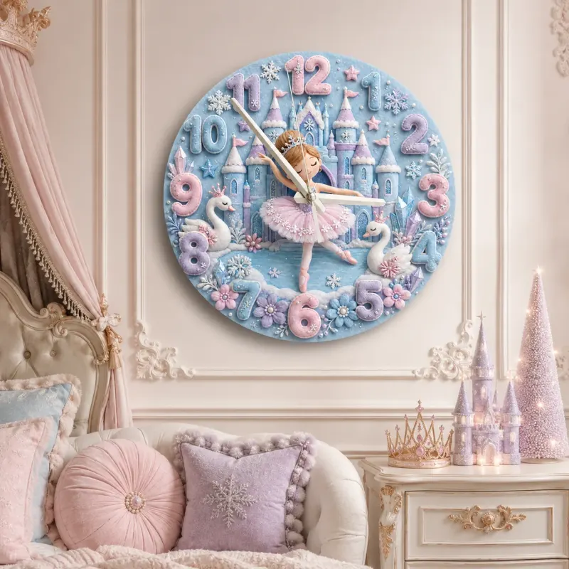 Winter Princess Ballerina Kids Room Wall Clock | Fairy Tale Castle Nursery Decor, Swan Theme Gift For Little Girls (13.6 inch / 34.5 cm)