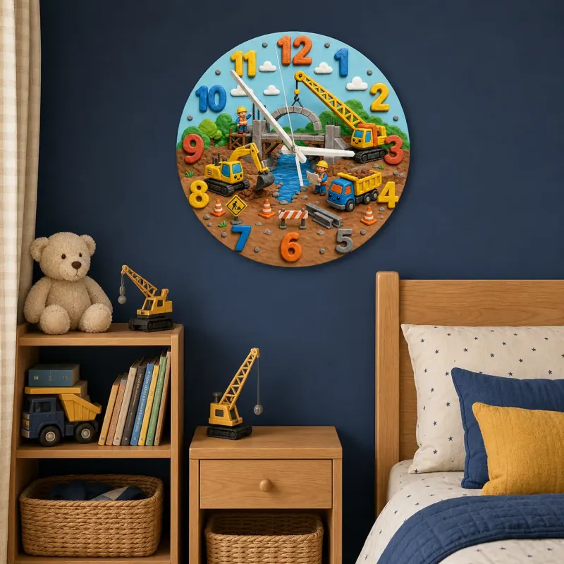 Construction Trucks Kids Room Wall Clock | Excavator Nursery Decor, Little Builder Boy Bedroom Playroom Art Keepsake (13.6 inch / 34.5 cm)