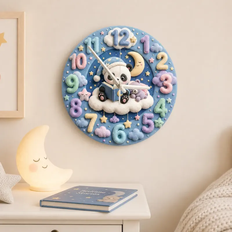 Bedtime Reading Panda Kids Room Wall Clock | Pastel Night Sky Nursery Decor, Cute Baby Shower Gift For New Parents (13.6 inch / 34.5 cm)