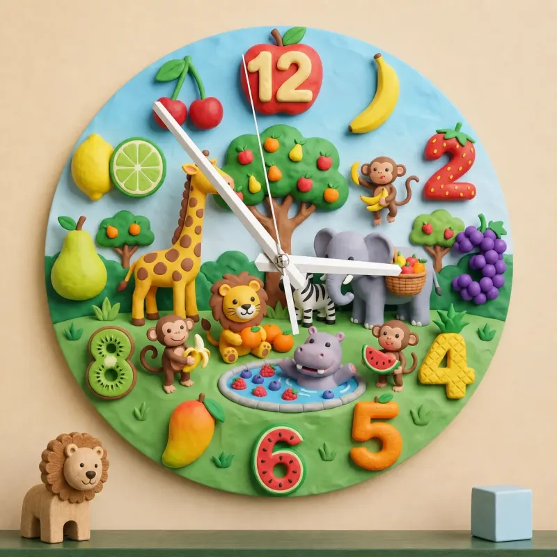 Safari Animals and Fruits Kids Room Wall Clock