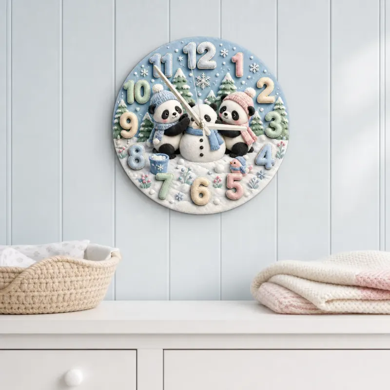 Winter Pandas Building Snowman Kids Room Wall Clock | Pastel Nursery Art, Unique Baby Shower Gift For Boys & Girls (13.6 inch / 34.5 cm)