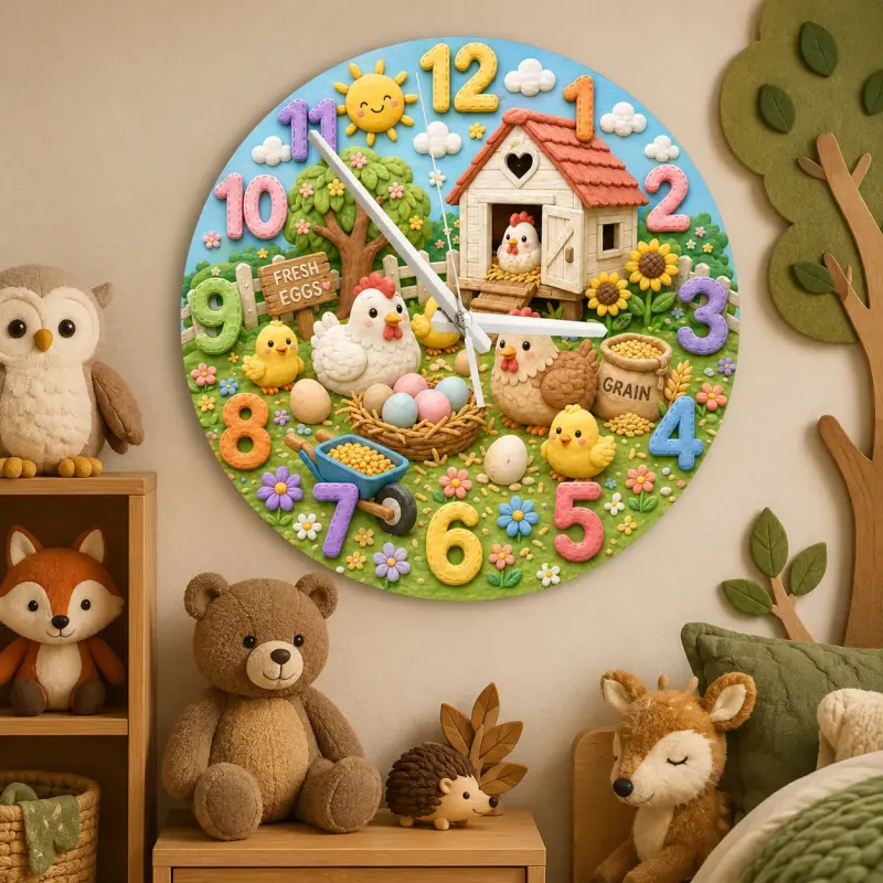 Cute Farm Chickens Kids Room Wall Clock | Baby Chick Nursery Decor, Playroom Wall Art, Sweet Birthday Gift Keepsake (13.6 inch / 34.5 cm)