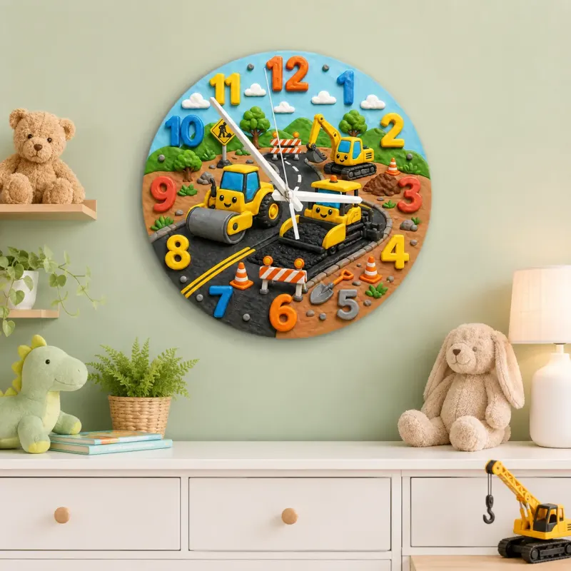 Construction Vehicles Kids Room Wall Clock | Yellow Excavator Nursery Decor, Toddler Boy Bedroom Birthday Keepsake (13.6 inch / 34.5 cm)
