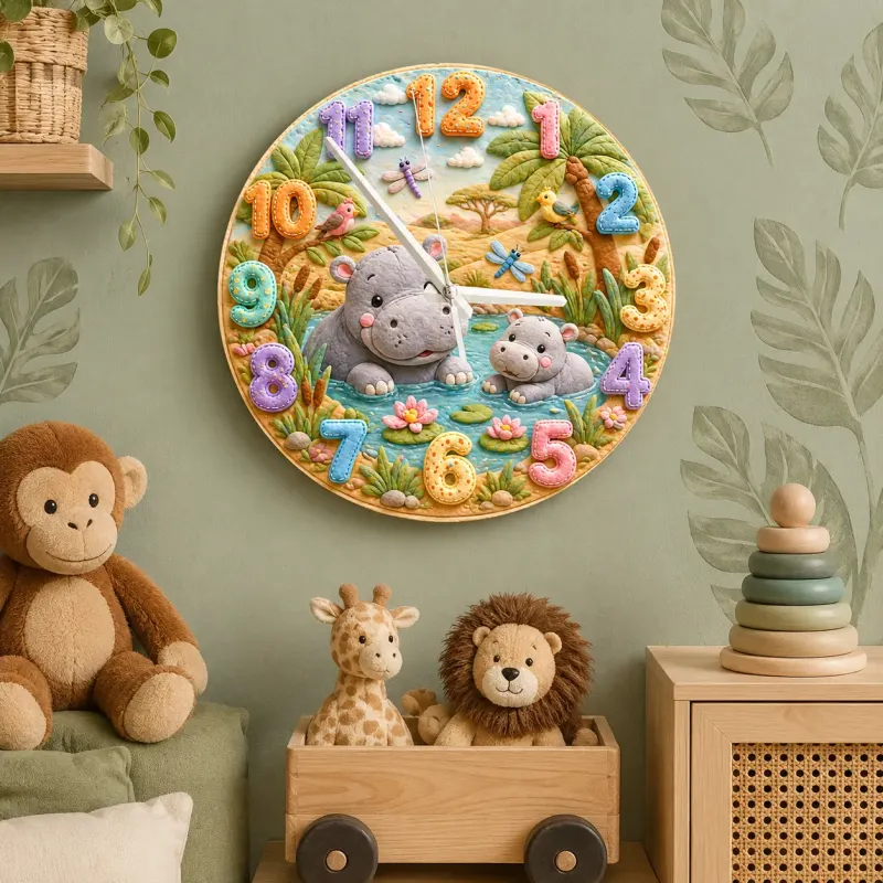 Safari Hippo Family Kids Room Wall Clock | Cute Jungle Animal Nursery Decor, Beautiful Baby Shower Gifts & Keepsakes (13.6 inch / 34.5 cm)