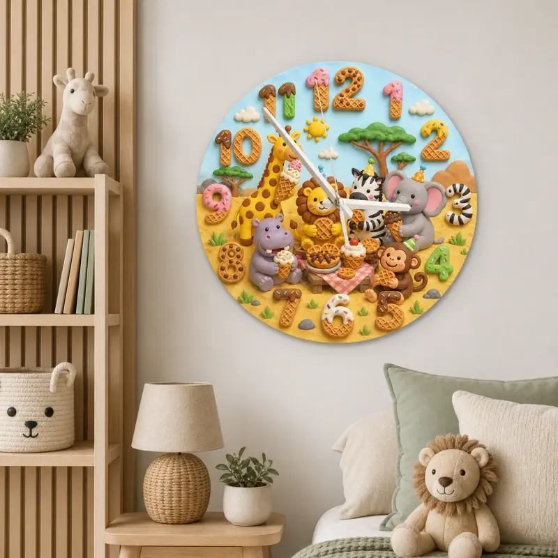 Safari Animals Waffle Kids Room Wall Clock | Jungle Nursery Decor, Baby Shower Gift For Boys Girls (13.6 inch / 34.5 cm)