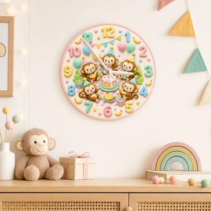 Pastel Monkey Birthday Kids Room Wall Clock | Cute Safari Animal Nursery Decor, Sweet Baby Shower Gift For Children (13.6 inch / 34.5 cm)