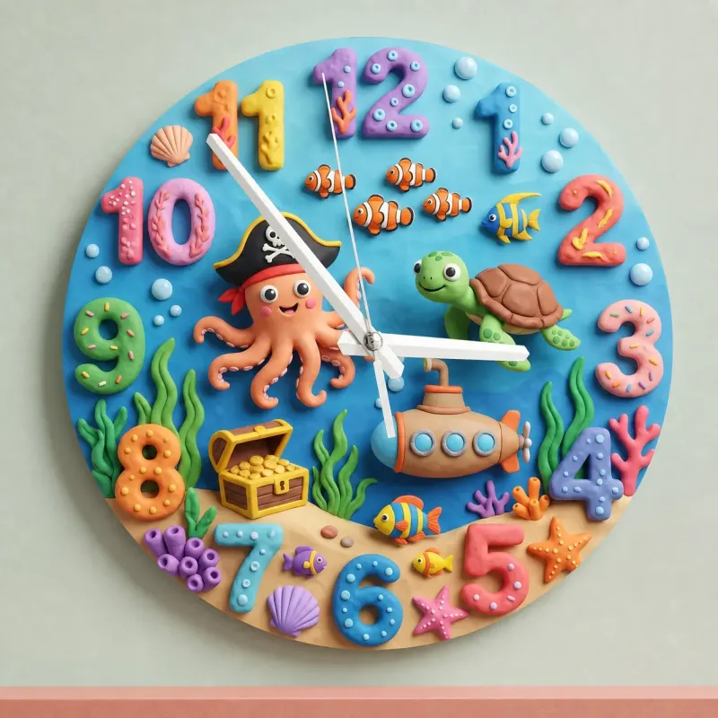 Pirate Octopus Ocean Kids Room Wall Clock | Under The Sea Nursery Decor, Little Boy's Room Birthday Gift & Keepsake (13.6 inch / 34.5 cm)