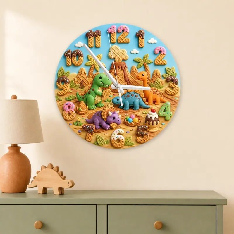 Dinosaur Ice Cream Kids Room Wall Clock | Volcano Nursery Decor, Little Boy Birthday Gift Keepsake (13.6 inch / 34.5 cm)